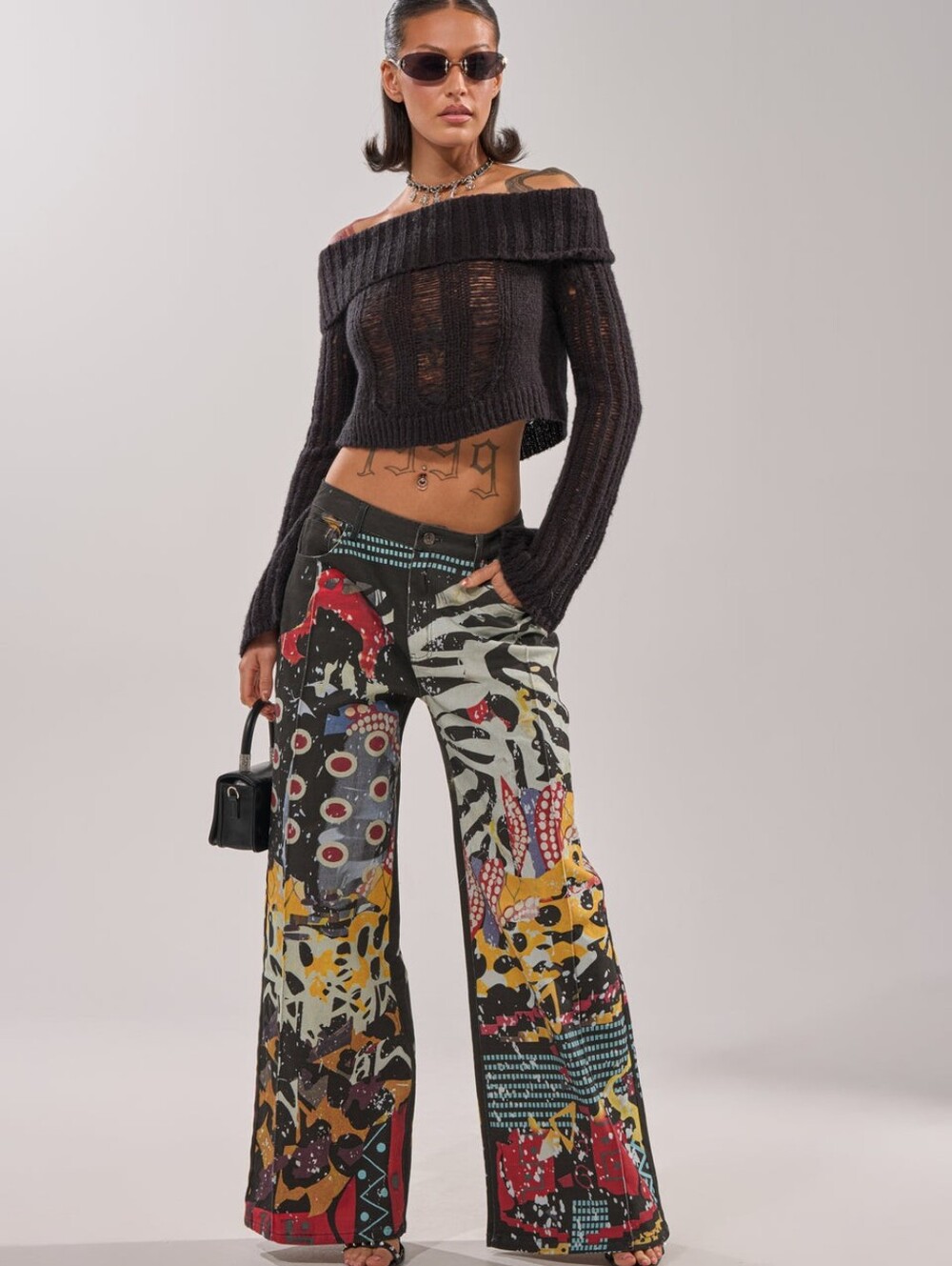 AKIRA Multicolor Graphic Wide-Leg Jeans in Black, Red & Yellow